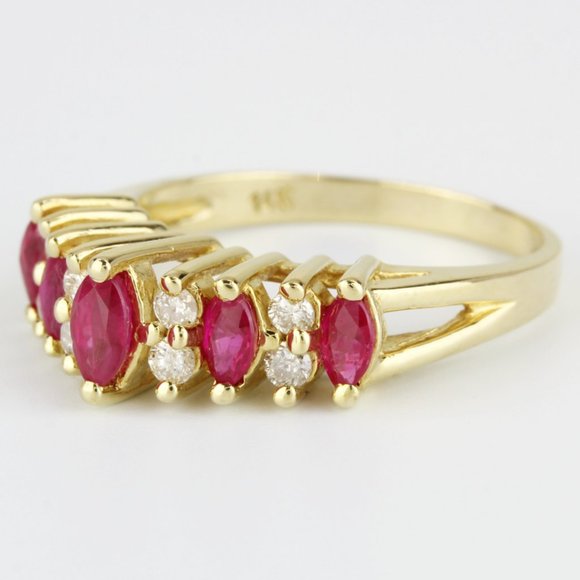 14K Yellow Gold Marquise Ruby & Diamond Anniversary Wedding Band Cocktail Ring - Picture 2 of 7